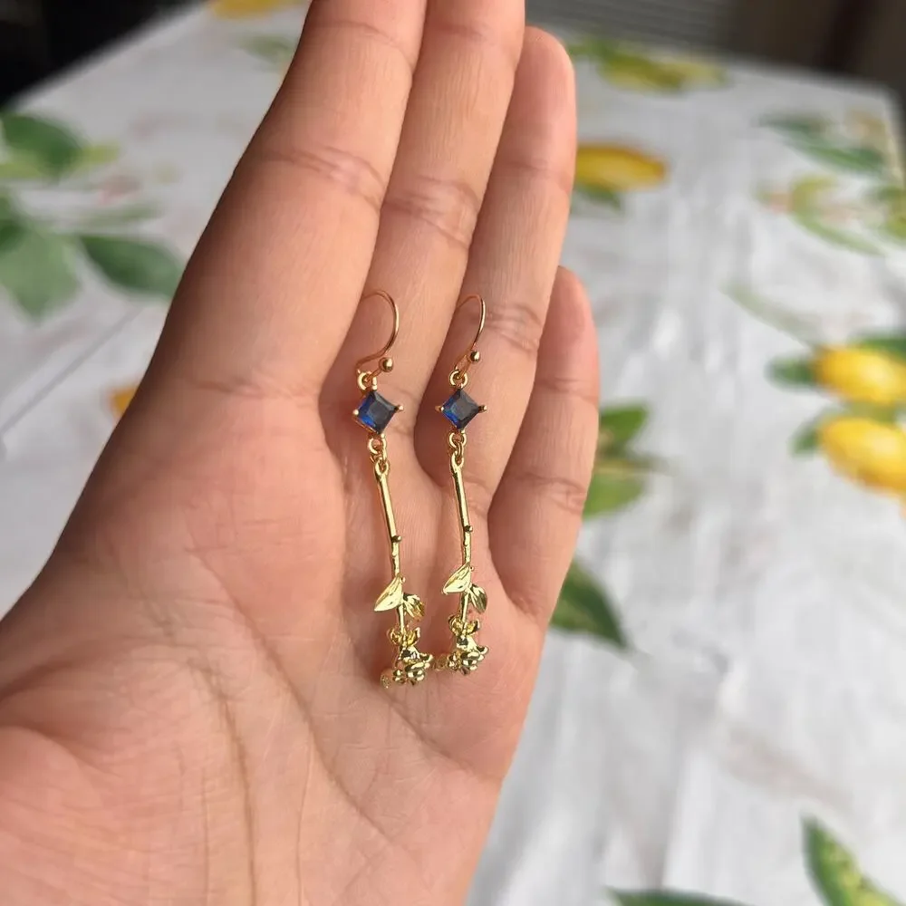 Novelty Sapphire Blue Topaz Rose Earrings, Spring Rose Casual Fun Gift Earrings - Picture 3 of 7